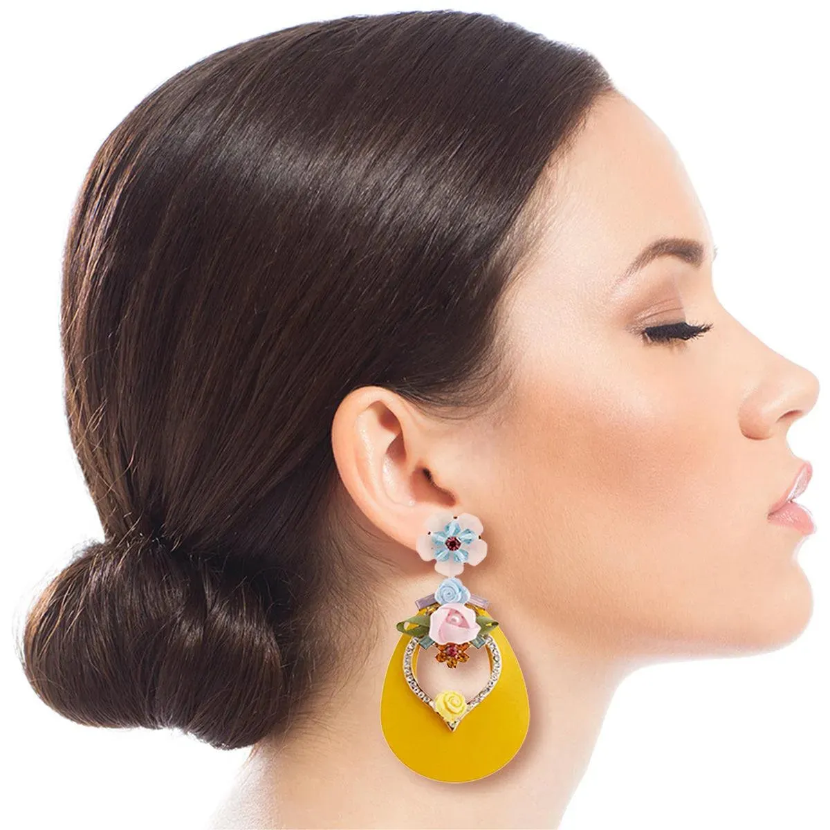 Rhinestone & Flower Stud Yellow Drop Earrings - Sparkle & Elegance Harmonized