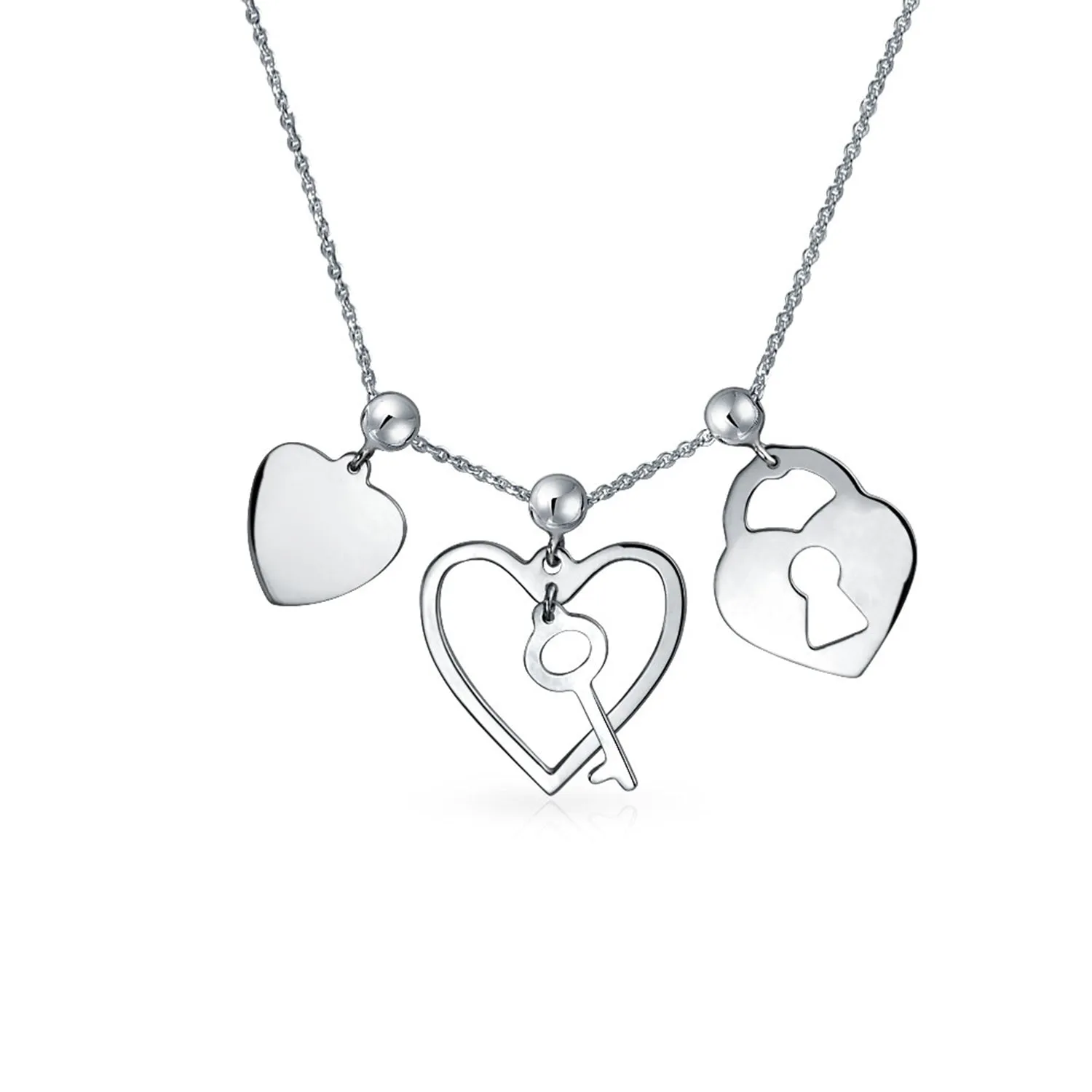 Romantic Lock Key Heart 3 Charm Pendant .925Sterling Silver Necklace