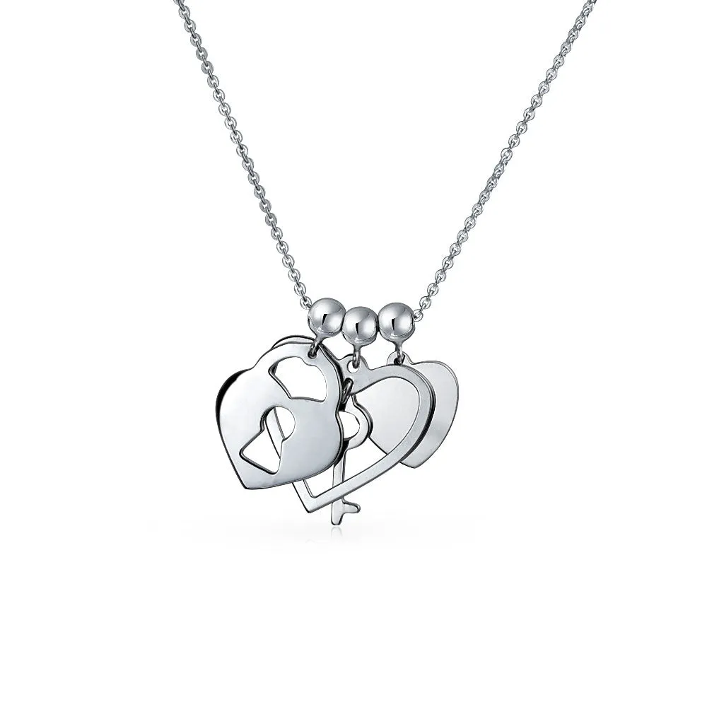 Romantic Lock Key Heart 3 Charm Pendant .925Sterling Silver Necklace