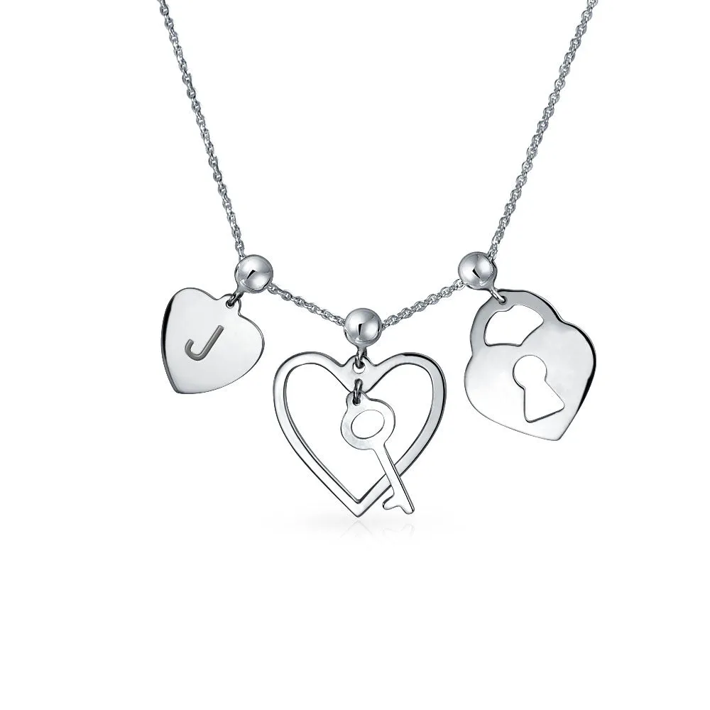 Romantic Lock Key Heart 3 Charm Pendant .925Sterling Silver Necklace