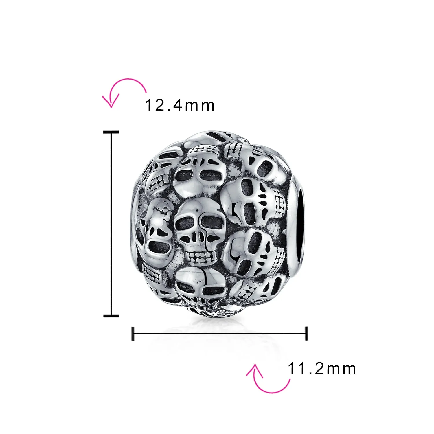 Round Barrel Skeleton Skulls Charm Bead Sterling Silver for European Bracelet