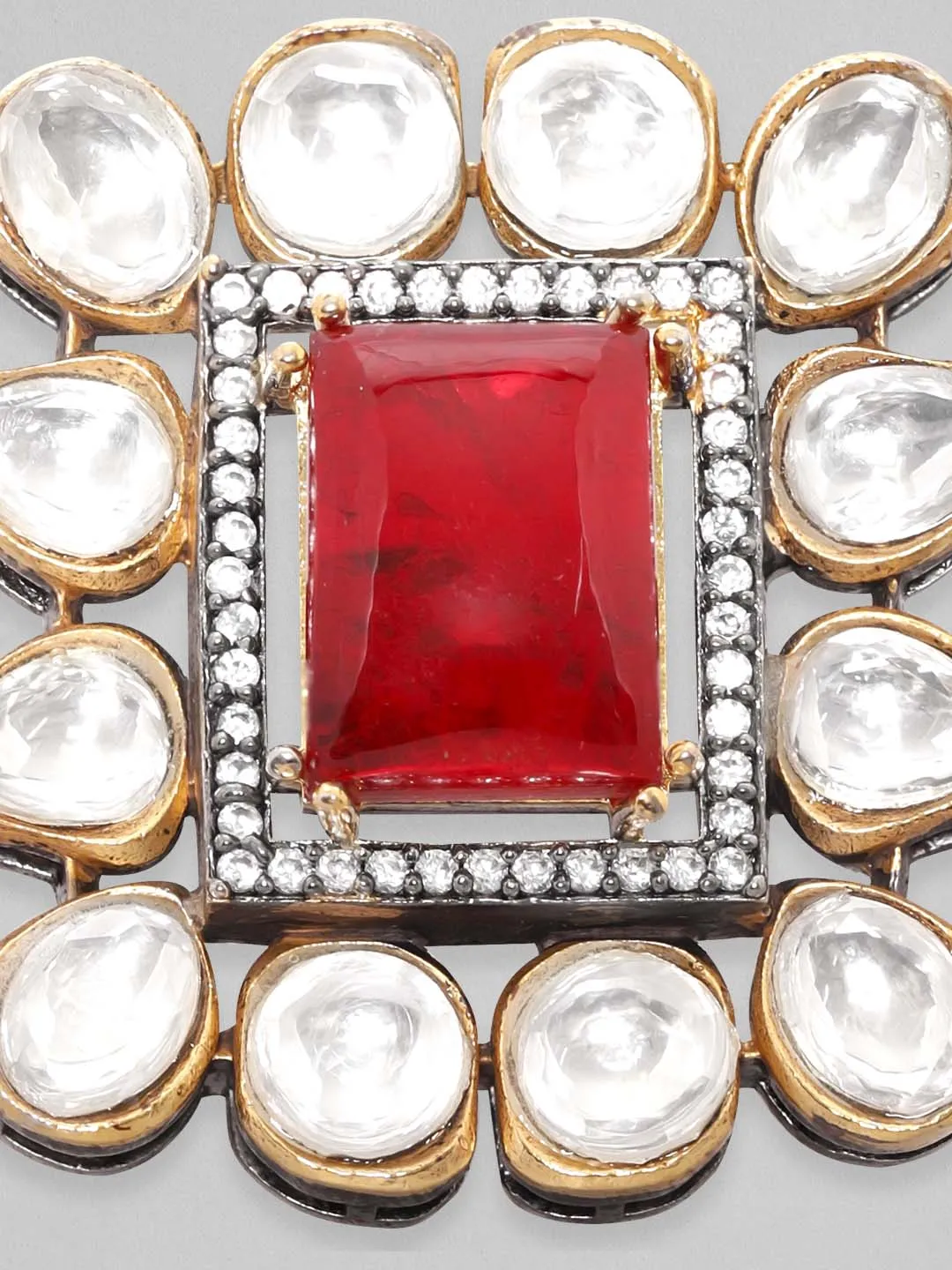 Rubans Gold Plated Zirconia & Ruby Red Doublet Kundan Ring