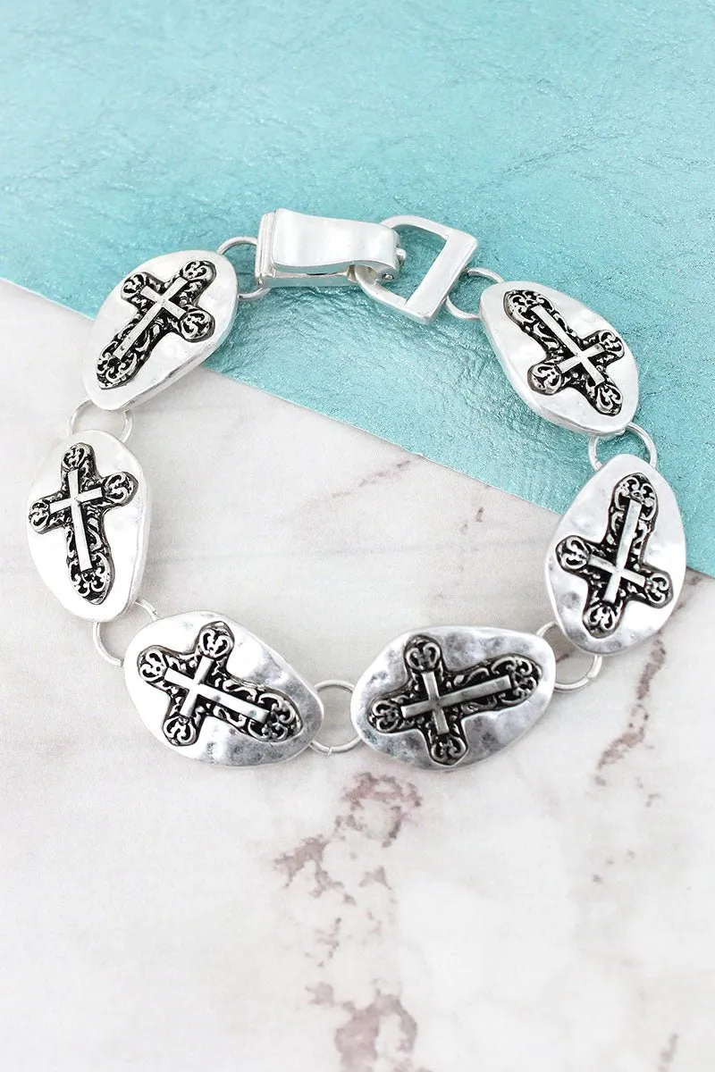 SALE! Hammered Silvertone Sideways Cross Disk Magnetic Bracelet