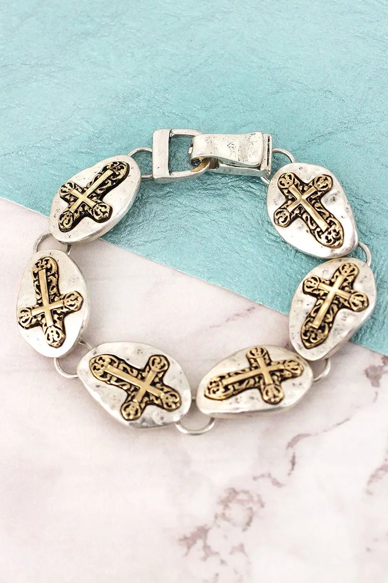 SALE! Hammered Two-Tone Sideways Cross Disk Magnetic Bracelet