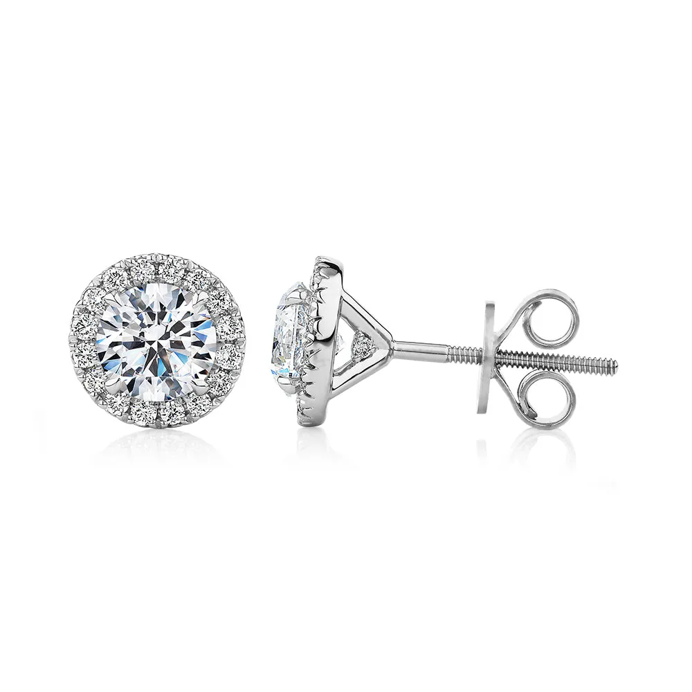 Signature Simulant Diamond 1.67 carat* TW round brilliant halo earrings in 14 carat white gold