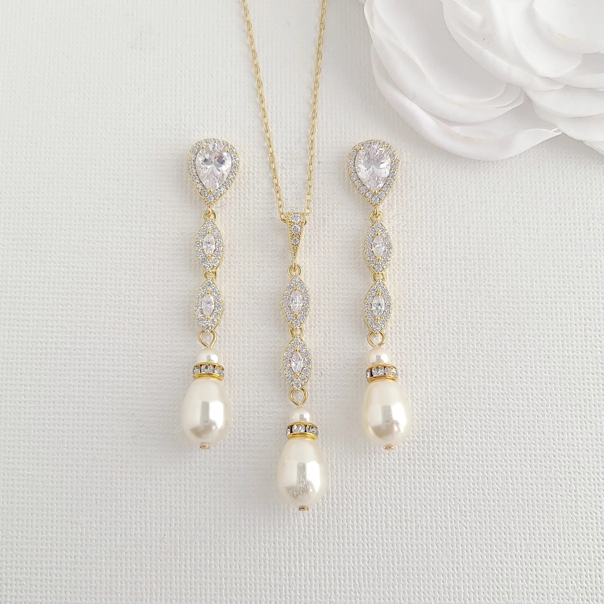 Silver Bridal Jewelry Set with Pearls- Abby