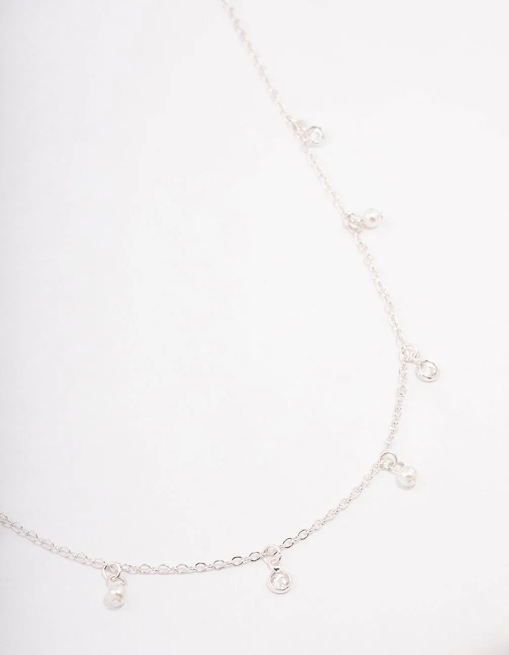 Silver Diamante & Pearl Drop Station Necklace