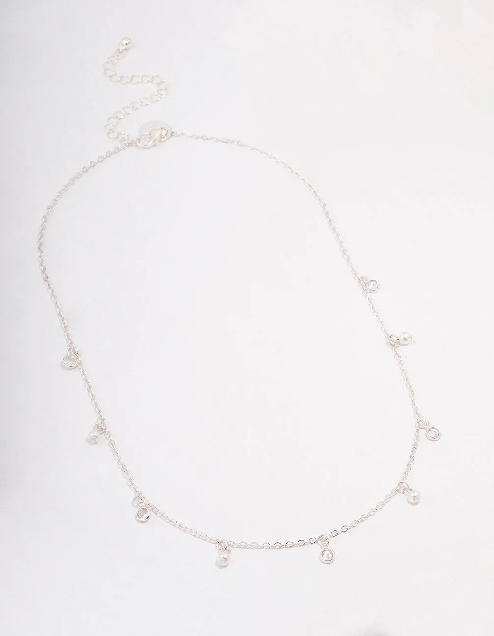 Silver Diamante & Pearl Drop Station Necklace