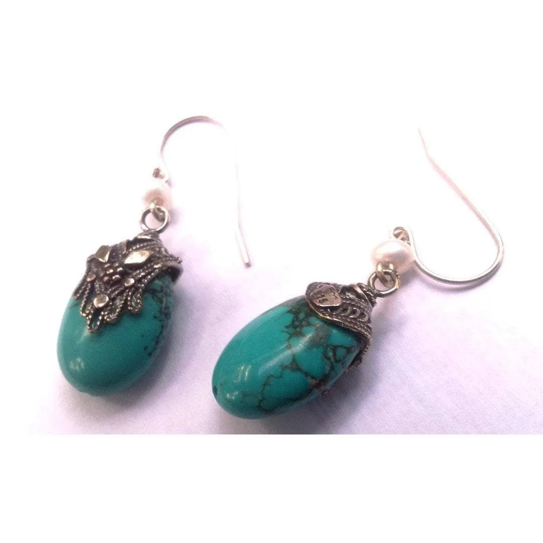 Silver earrings / earrings for woman / Silver Ethnic Earrings Hamssah Filigree Turquoise & Pearl