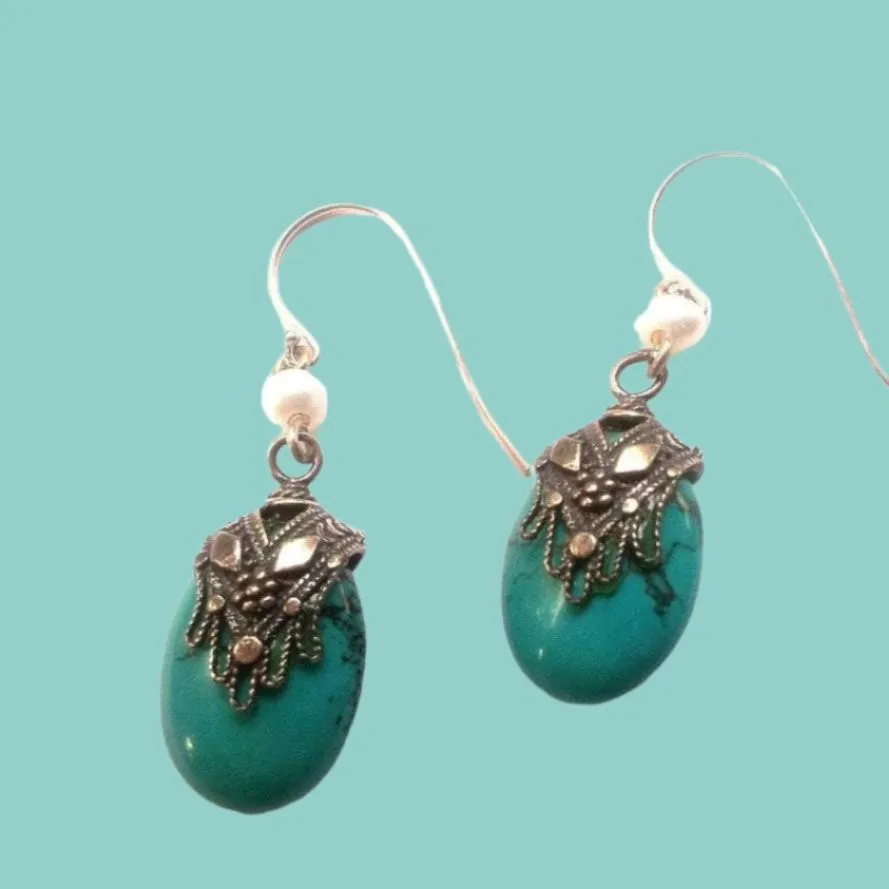 Silver earrings / earrings for woman / Silver Ethnic Earrings Hamssah Filigree Turquoise & Pearl