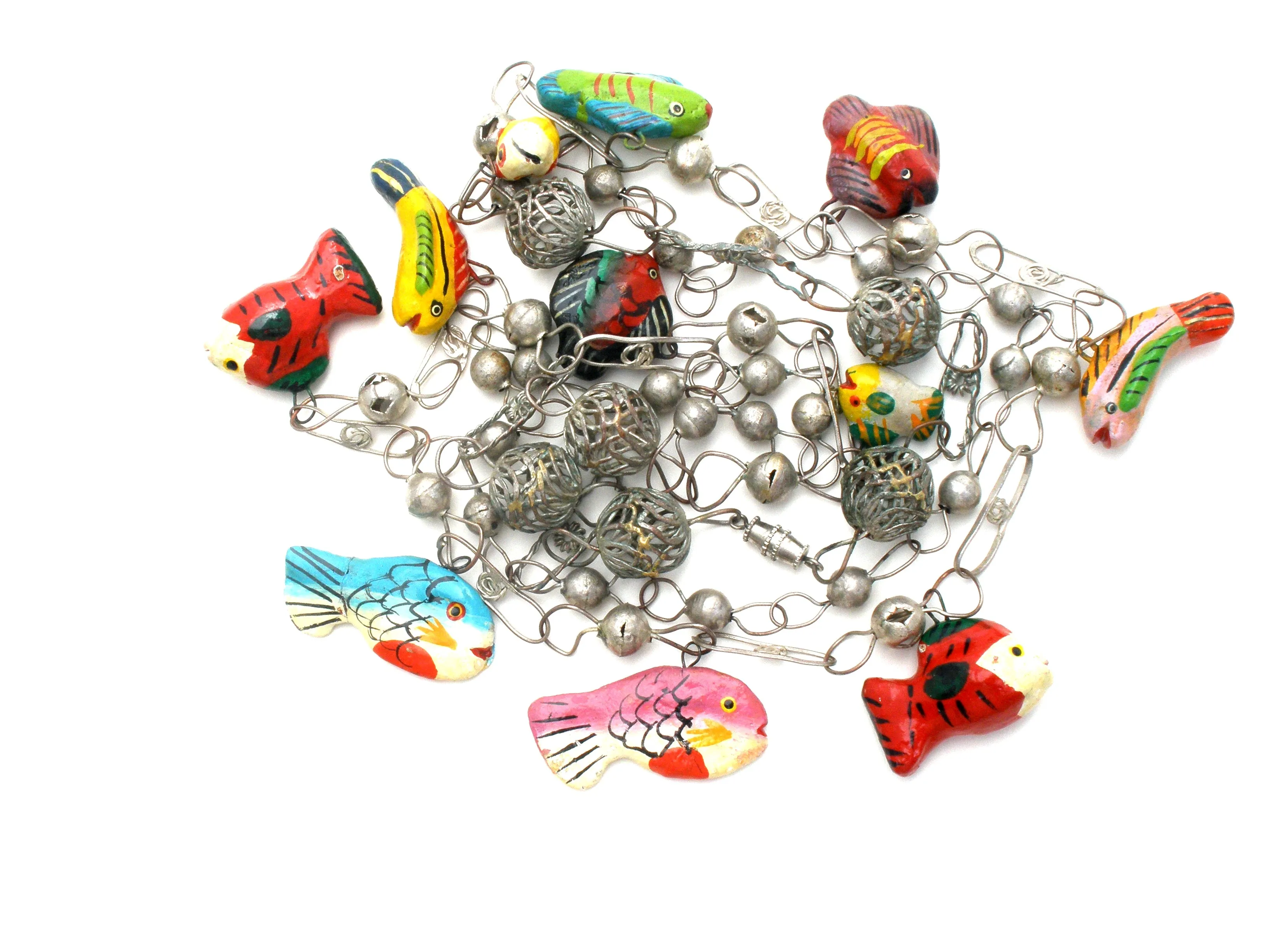 Silver Link Necklace with Enamel Wood Fish Charms