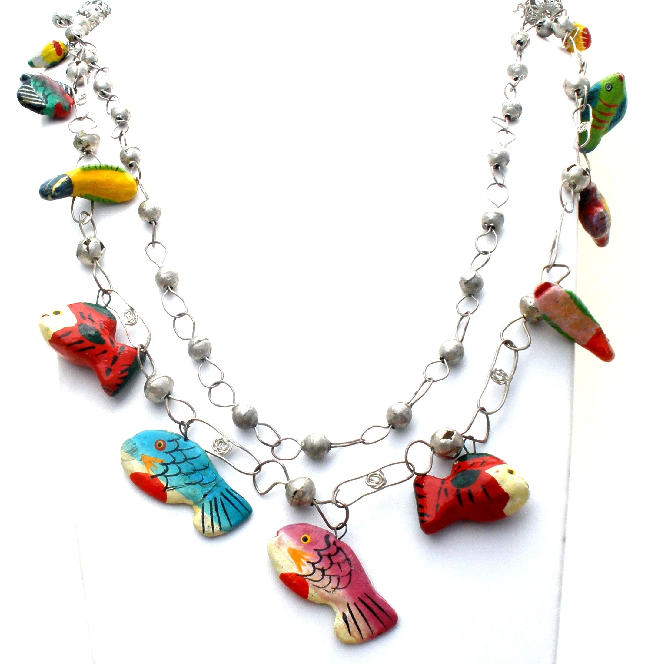 Silver Link Necklace with Enamel Wood Fish Charms