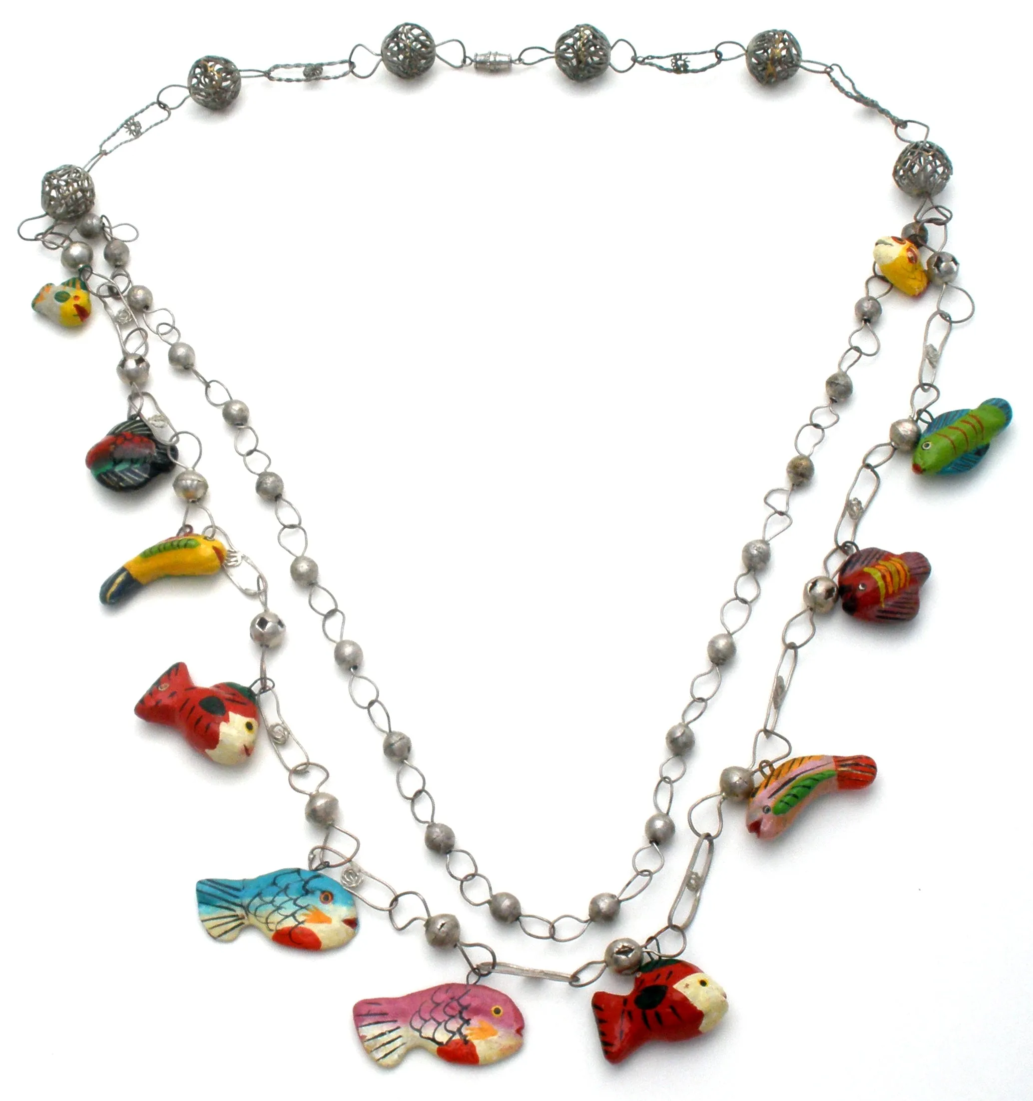 Silver Link Necklace with Enamel Wood Fish Charms