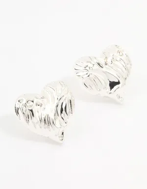 Silver Plated Textured Heart Stud Earrings