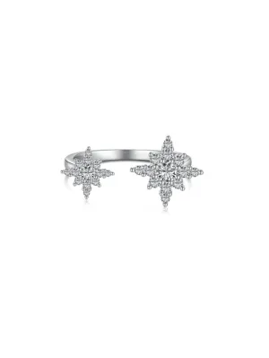 Starburst Ring Adjustable Double Star Ring Zircon 925 Sterling Silver Luxury Statement Ring