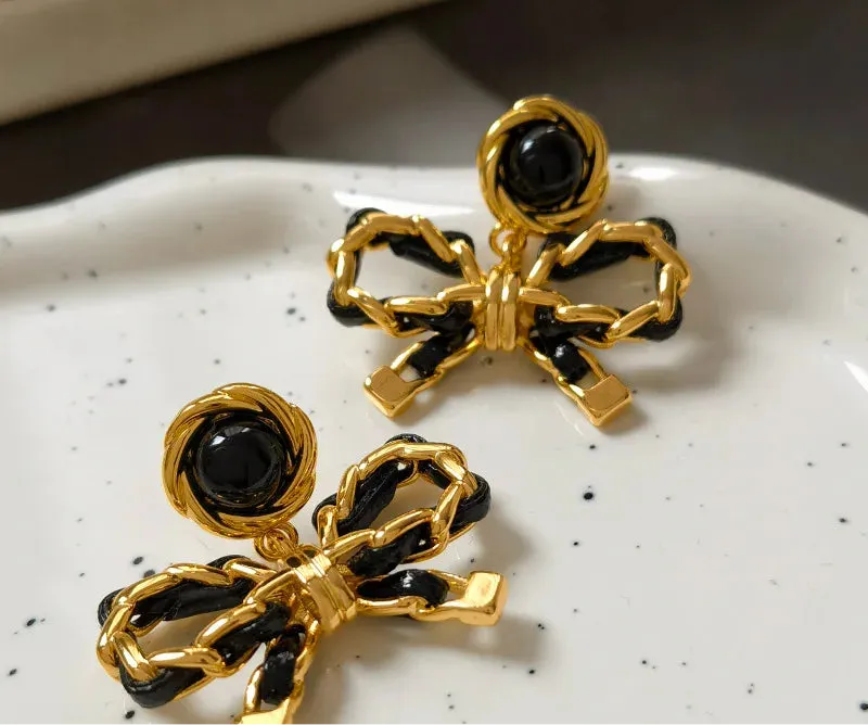 VAIGE Elegant Black Gold Geometric Bowknot Dangle Earrings