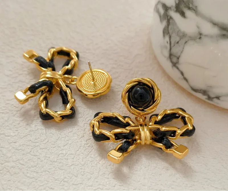 VAIGE Elegant Black Gold Geometric Bowknot Dangle Earrings