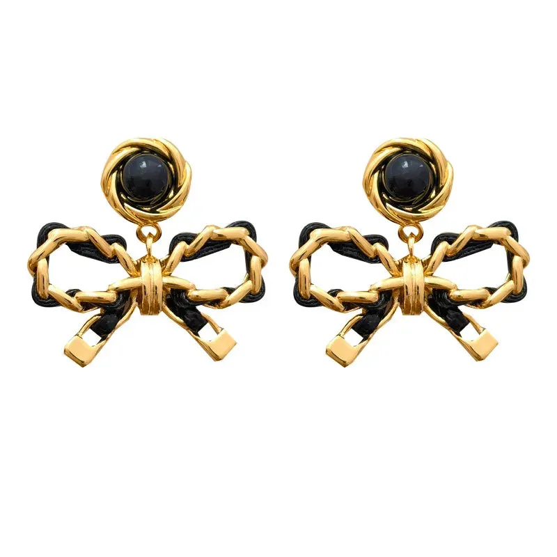 VAIGE Elegant Black Gold Geometric Bowknot Dangle Earrings