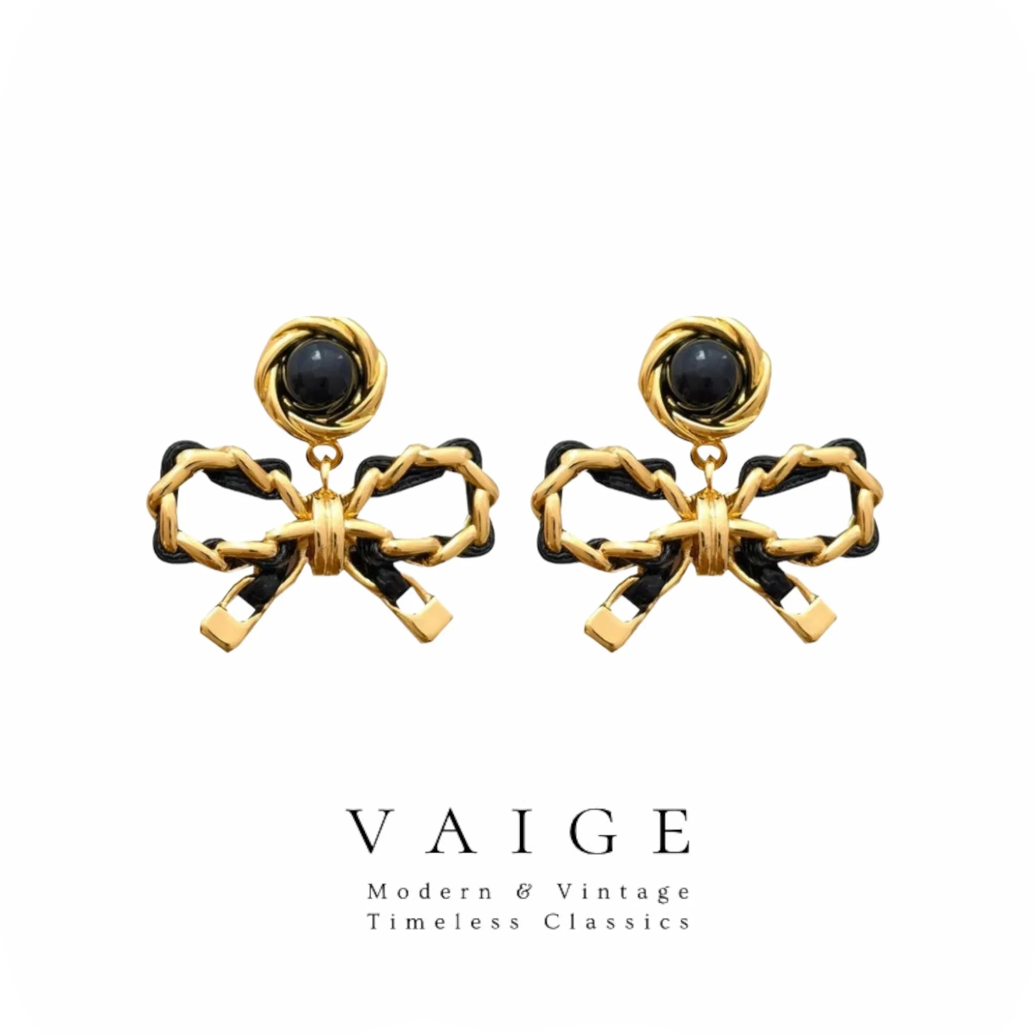 VAIGE Elegant Black Gold Geometric Bowknot Dangle Earrings