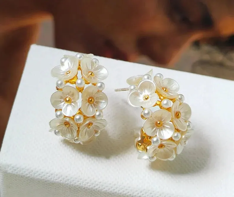 VAIGE Elegant White Floral Hoop Earrings