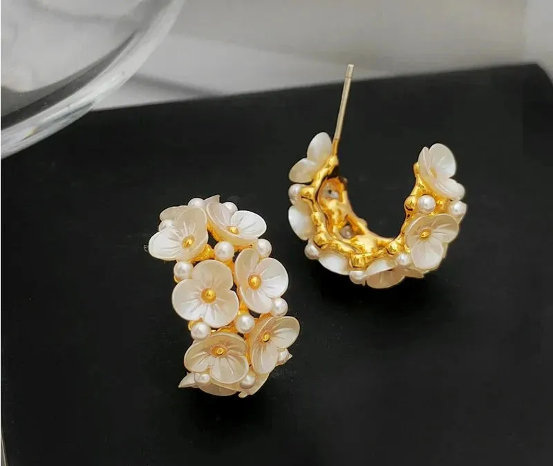 VAIGE Elegant White Floral Hoop Earrings