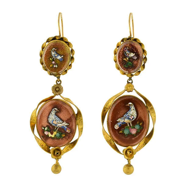 Victorian 14kt Sparkle Copper Jasper & Micro Mosaic Bird Earrings