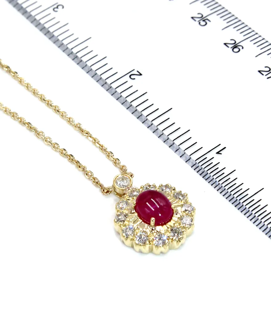 Vintage Ruby Pendant in 18K Gold with Diamonds and New Chain