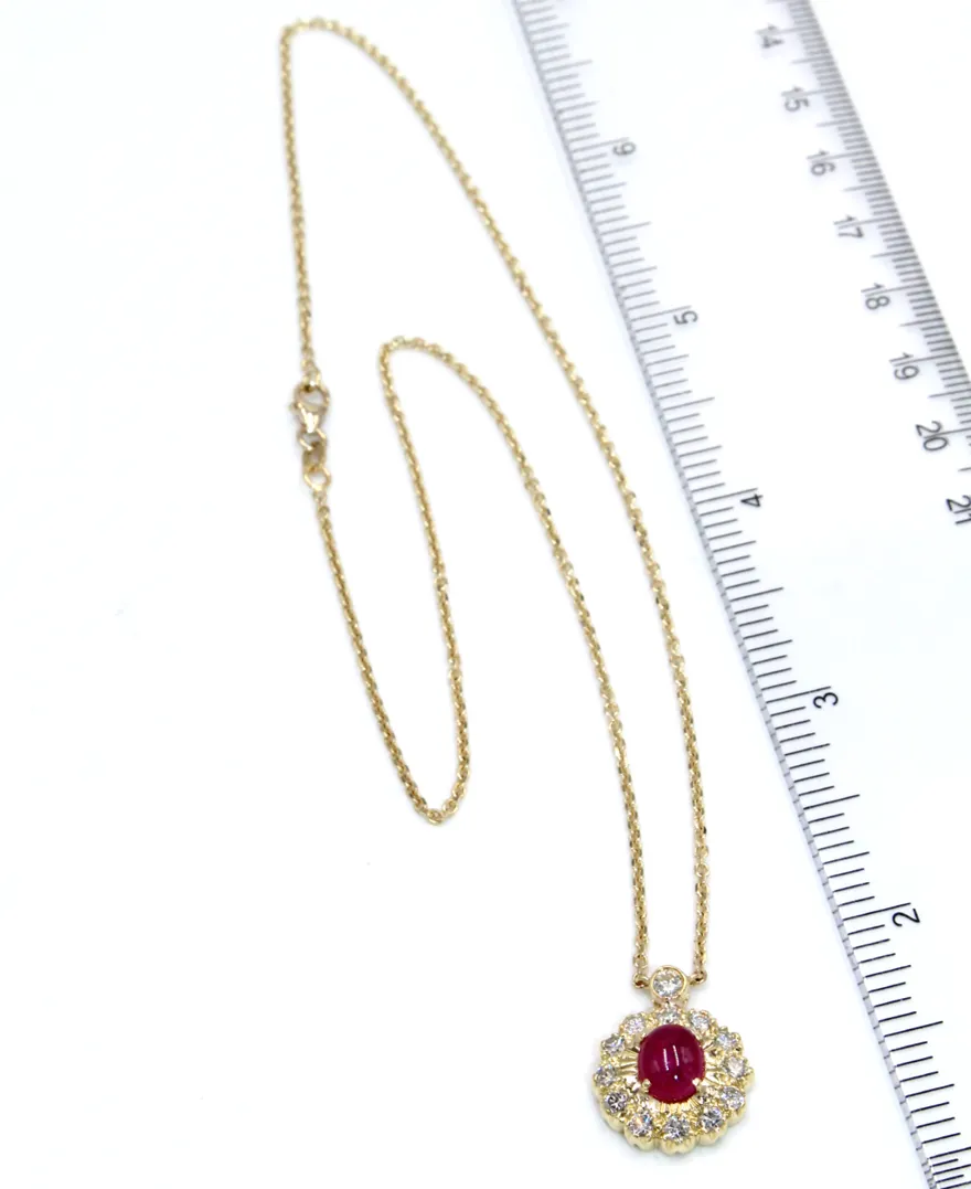 Vintage Ruby Pendant in 18K Gold with Diamonds and New Chain