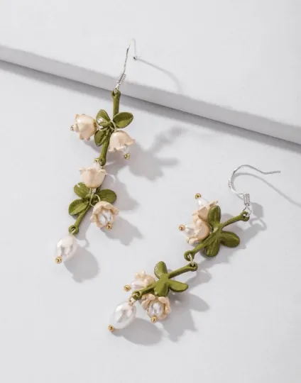 Whimsical - Lily of the valley flowers dangle earrings | texture petals embossed pearl | minimalist earrings | matte pastel colour floral earrings