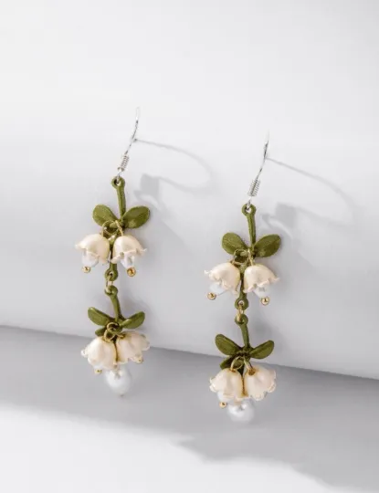 Whimsical - Lily of the valley flowers dangle earrings | texture petals embossed pearl | minimalist earrings | matte pastel colour floral earrings