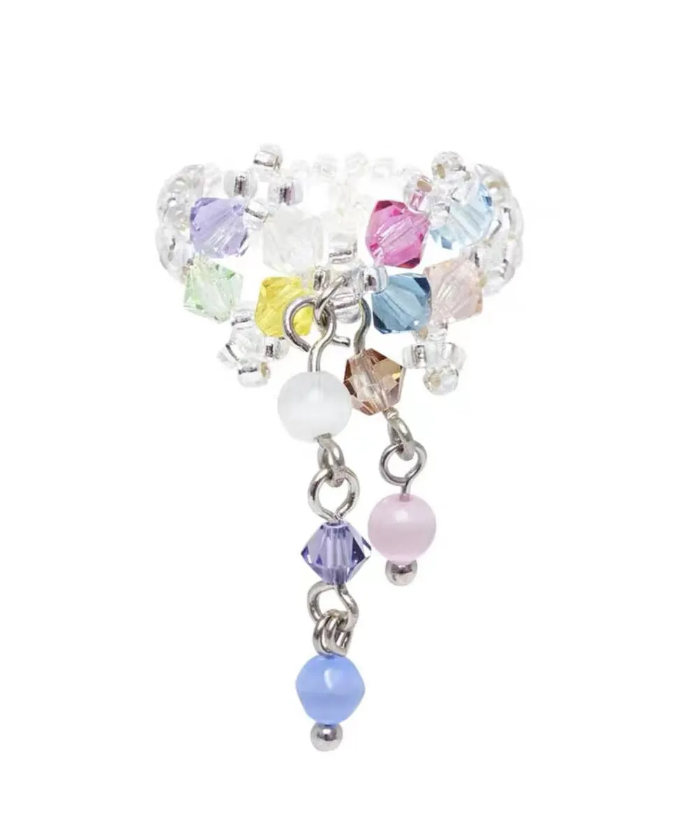 Women Rainbow Crystal Pearl Floral Tassel Rings AB1082