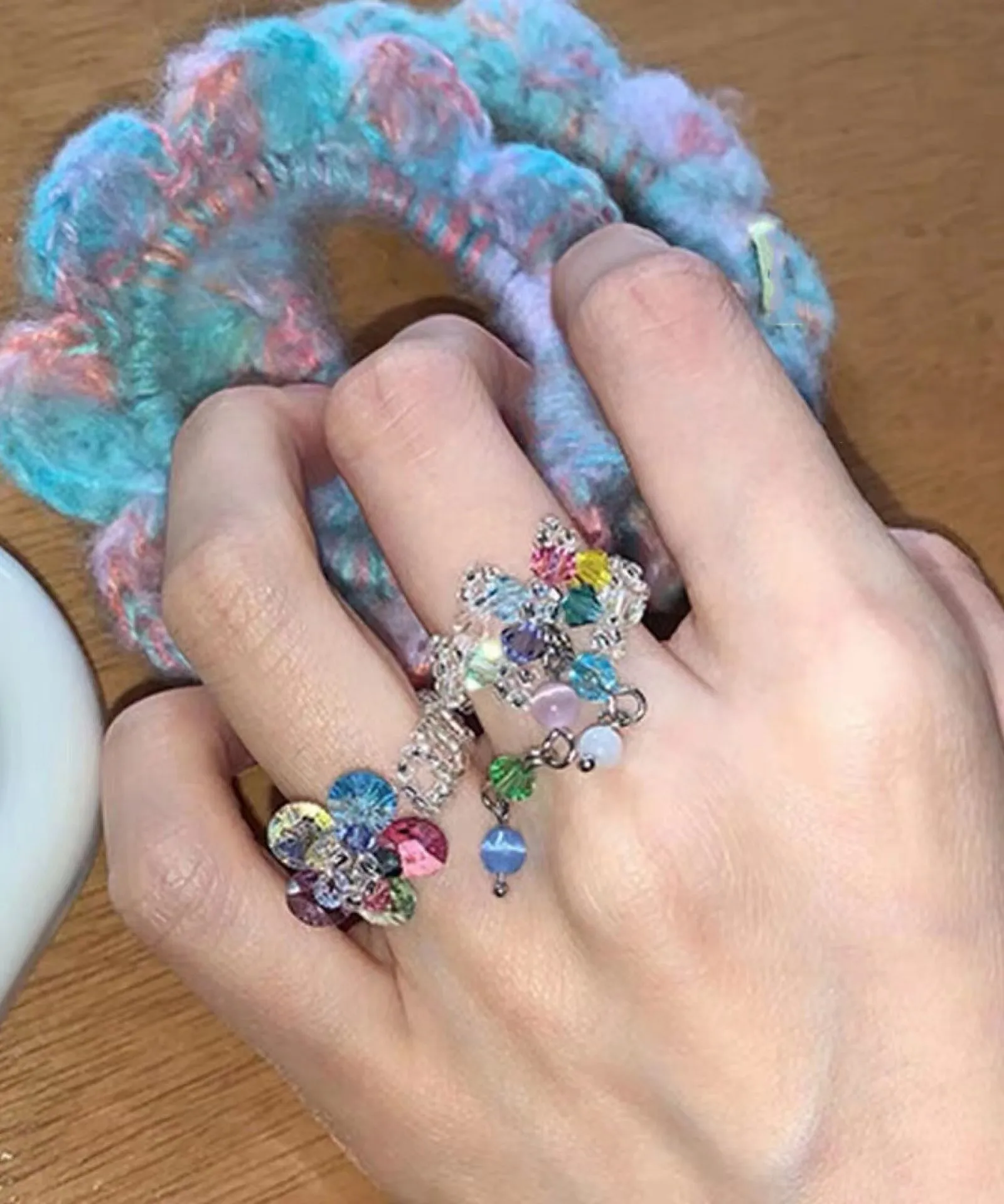 Women Rainbow Crystal Pearl Floral Tassel Rings AB1082